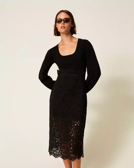 Vestido Midi Punto Encaje Twinset