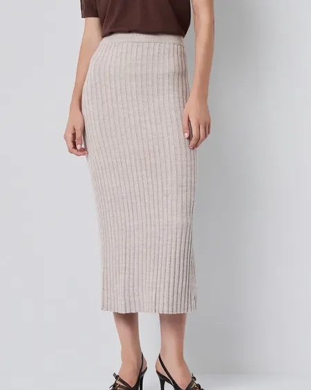 Falda Midi De Punto Acanalado Beige Bsb